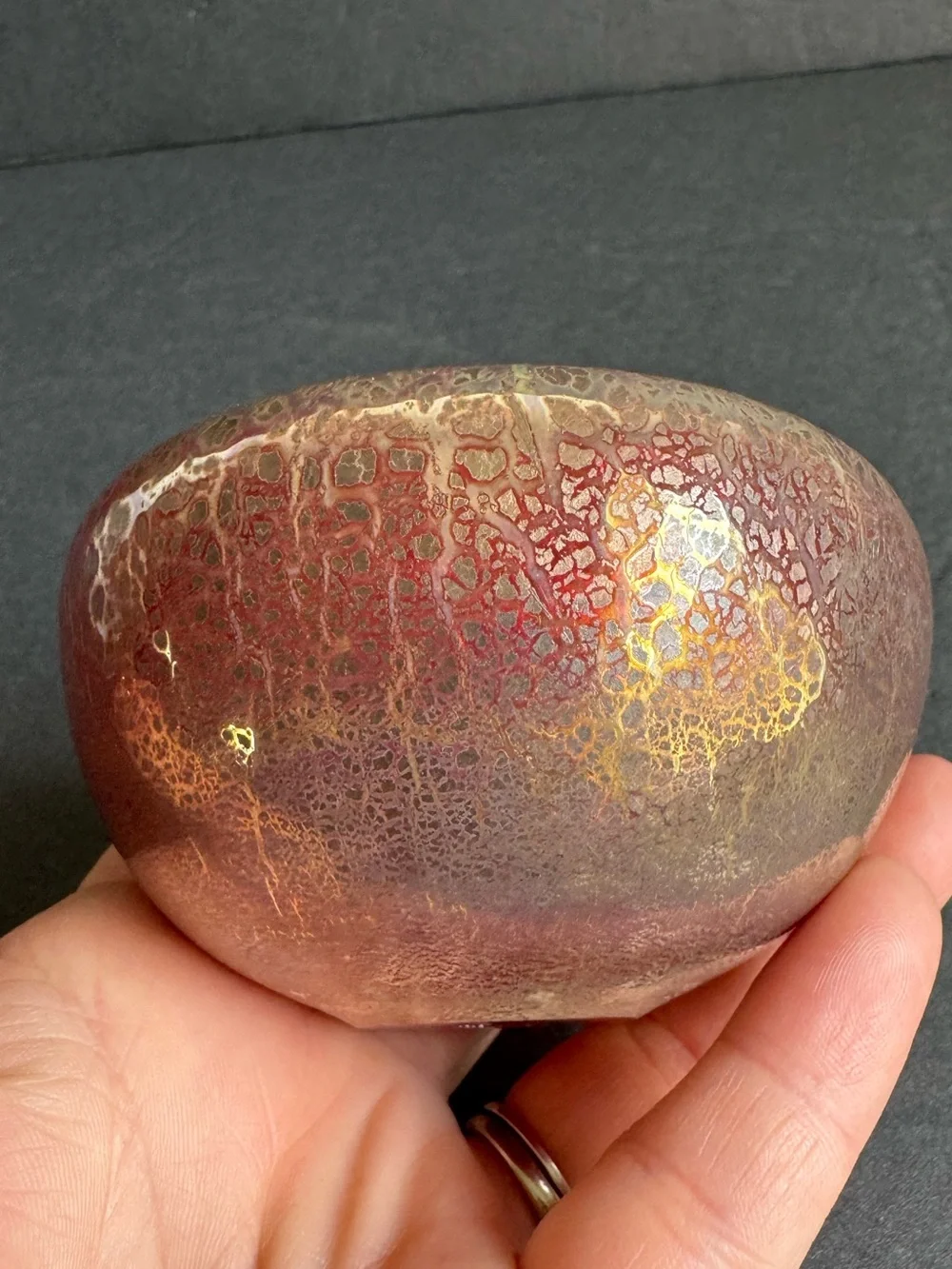 Vintage Art Glass Bowl Iridescent Crackle Red Gold Barovier Style Votive Holder